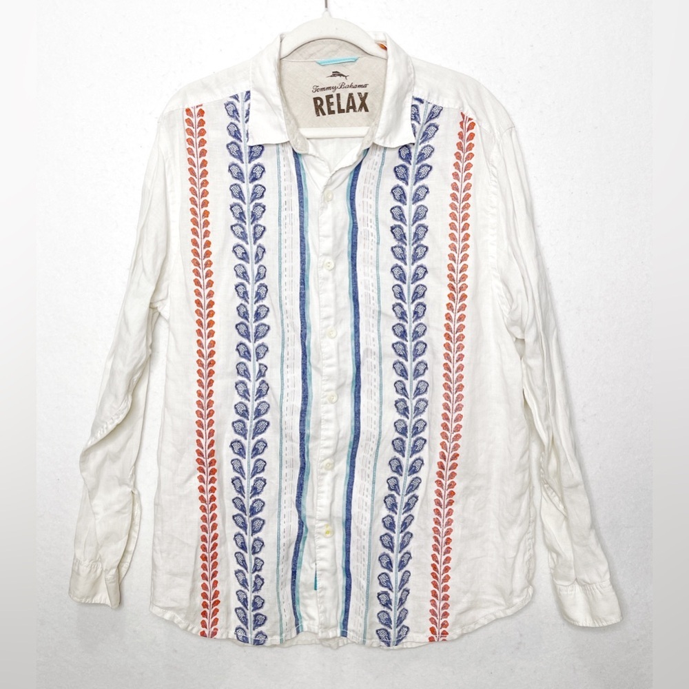 Tommy Bahama RELAX 100% Linen Button Front Shirt Large Resort Wear Vacation Boho